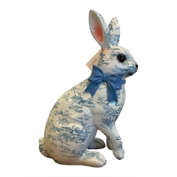 Other - Ceramic Easter Bunny Figurine Blue Toile Pattern with Bow Ribbon